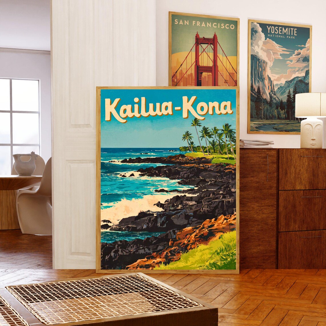 Kailua Kona Hawaii Vintage Rocky Shore Palm Sunset Travel Poster - Image 5
