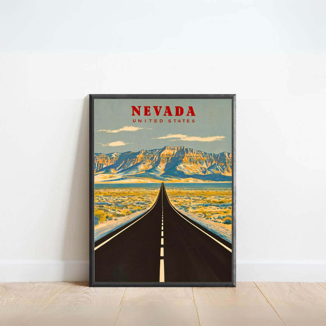 Nevada Open Desert Highway Mountain Road Retro Travel Poster
