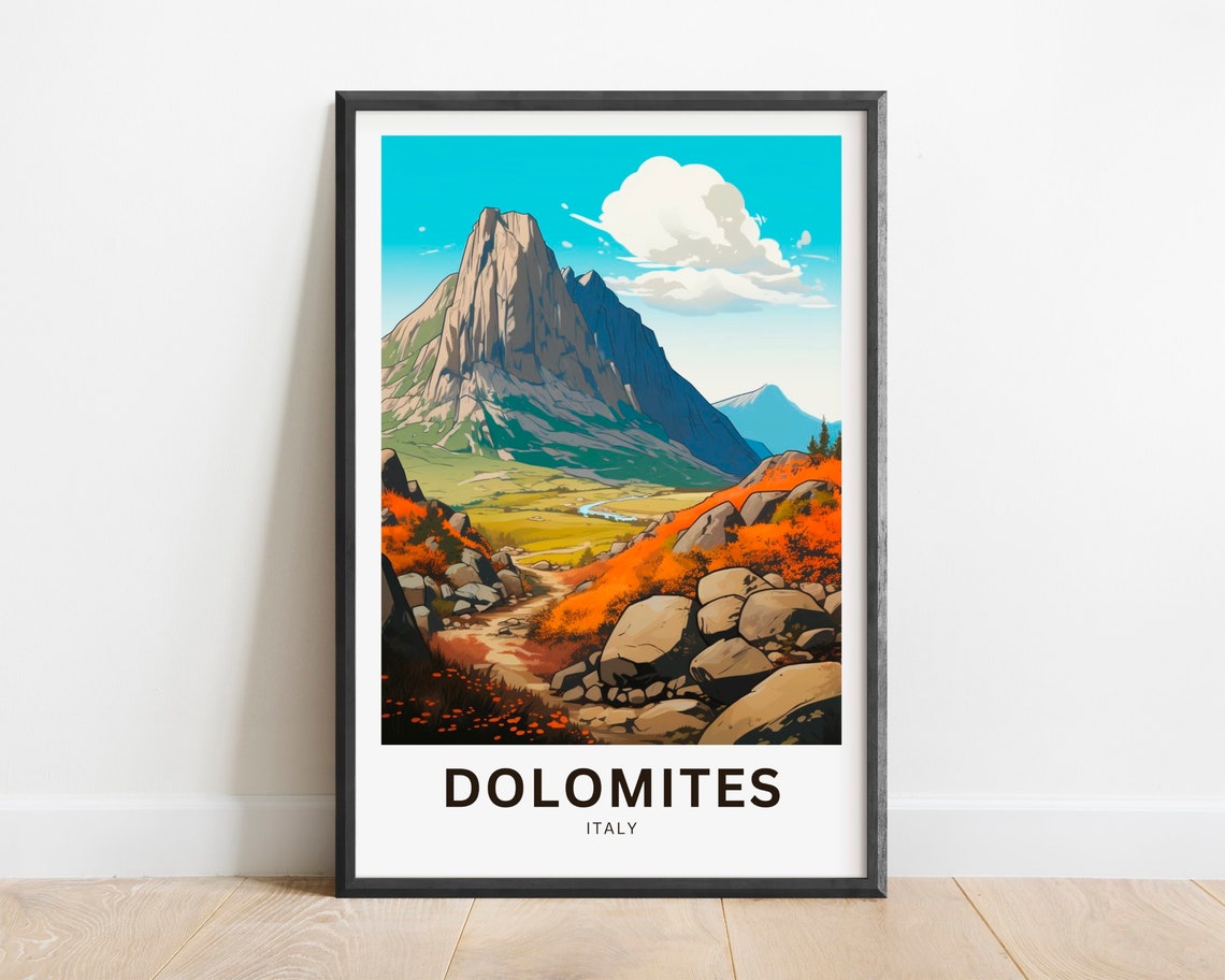 Dolomites Italy Alpine Peak Mountain Valley Scene Travel Poster