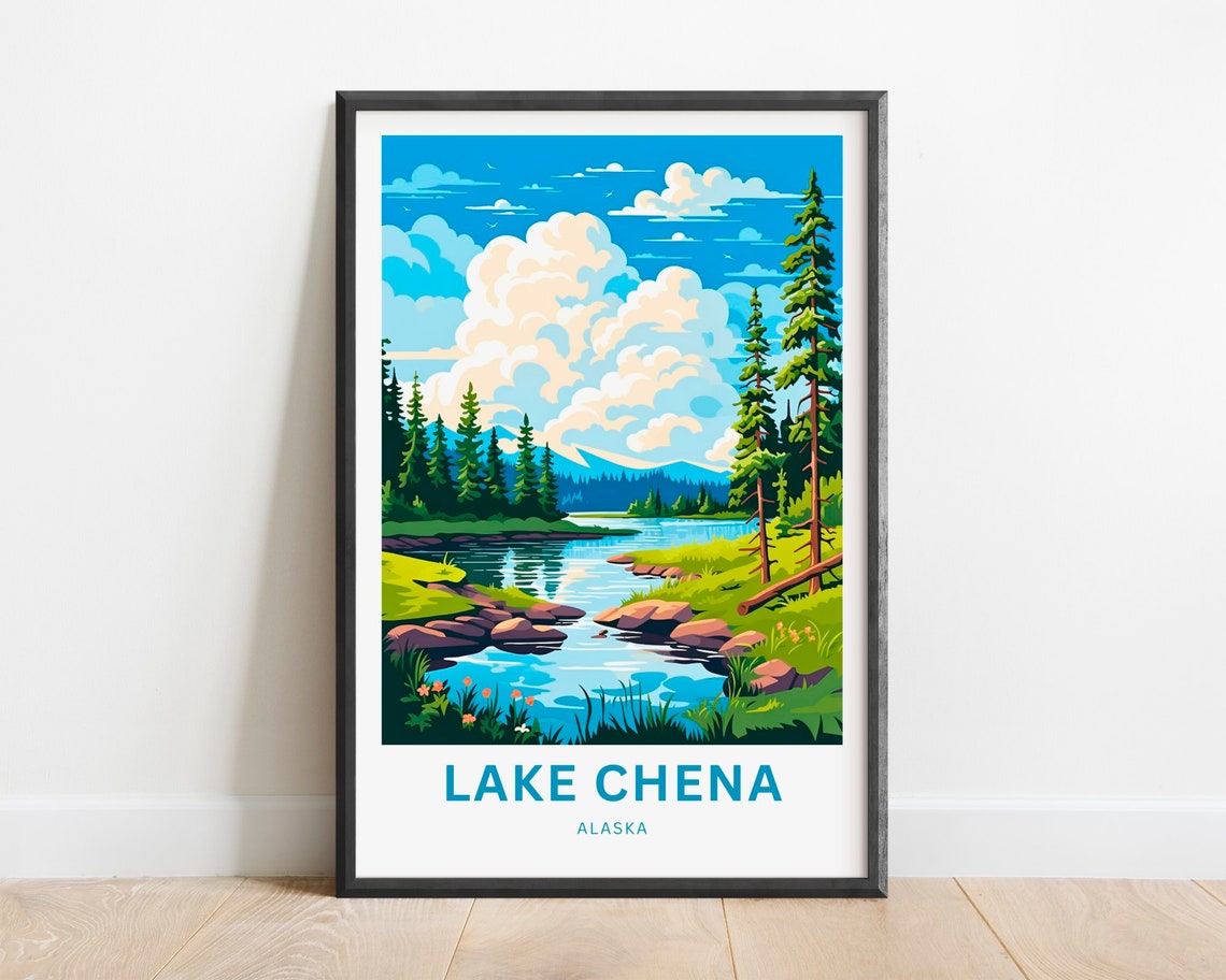Lake Chena Alaska Clear Evergreen Stream Forest Scene Poster