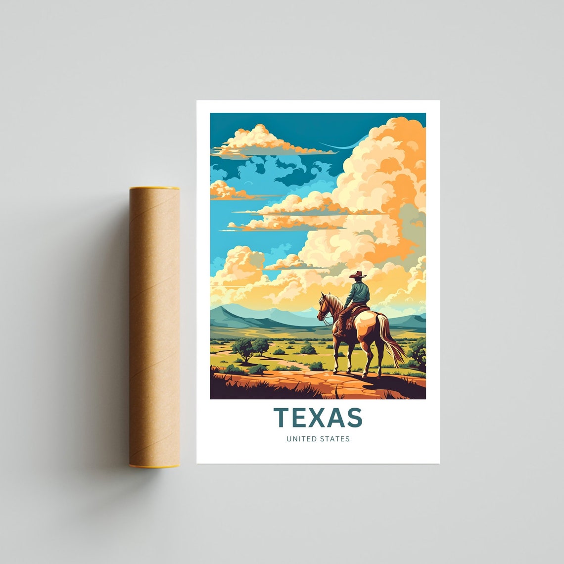 Texas Cowboy On White Horse Prairie Under Cloud Filled Sky Poster - Image 4