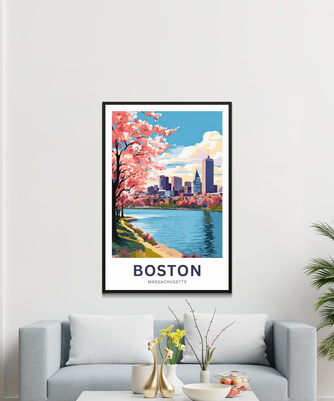 Boston Massachusetts Spring Cherry Blossom Skyline Travel Poster - Image 3