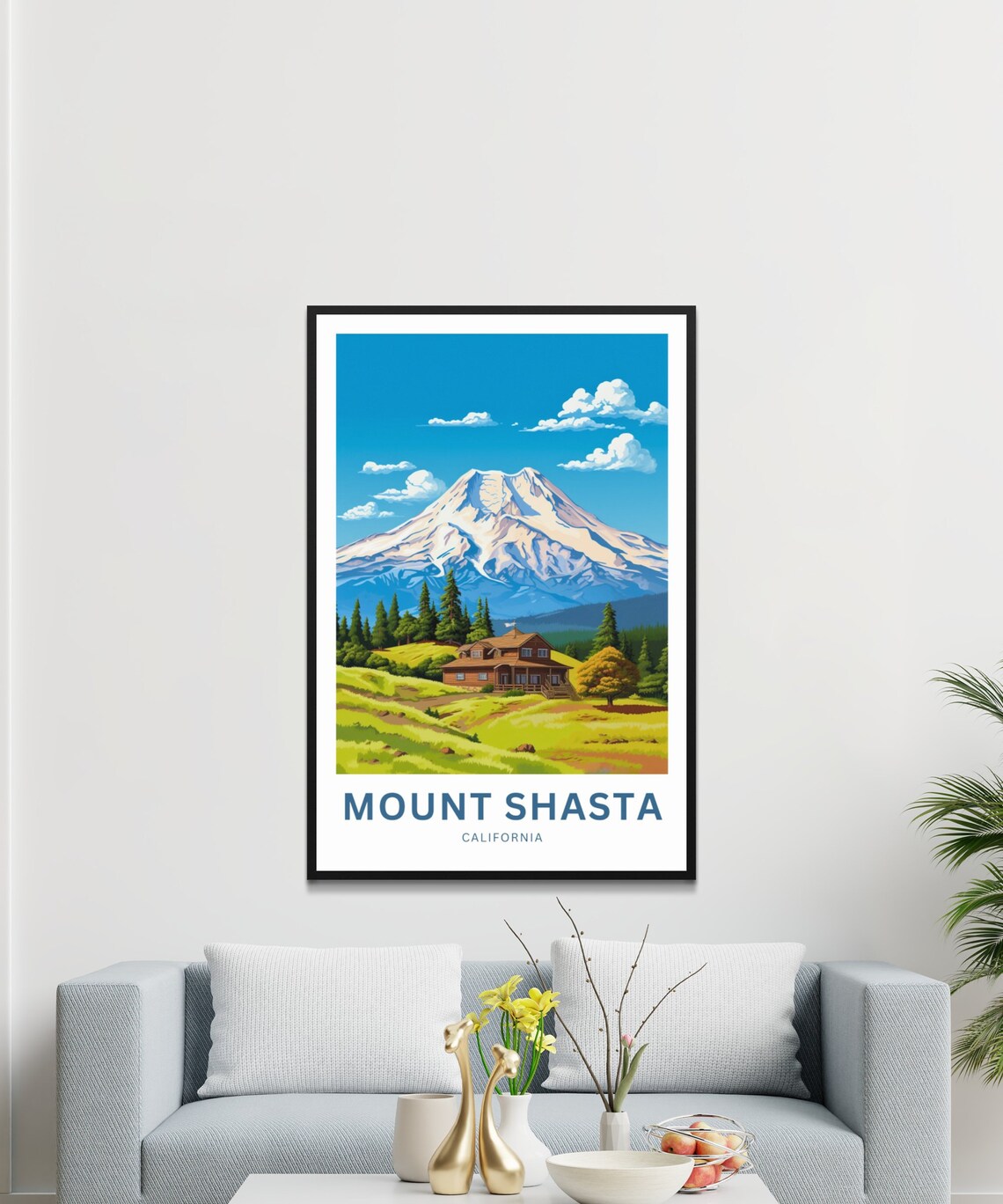 Mount Shasta California Snowy Peak Above Rustic Log Cabin Poster - Image 3