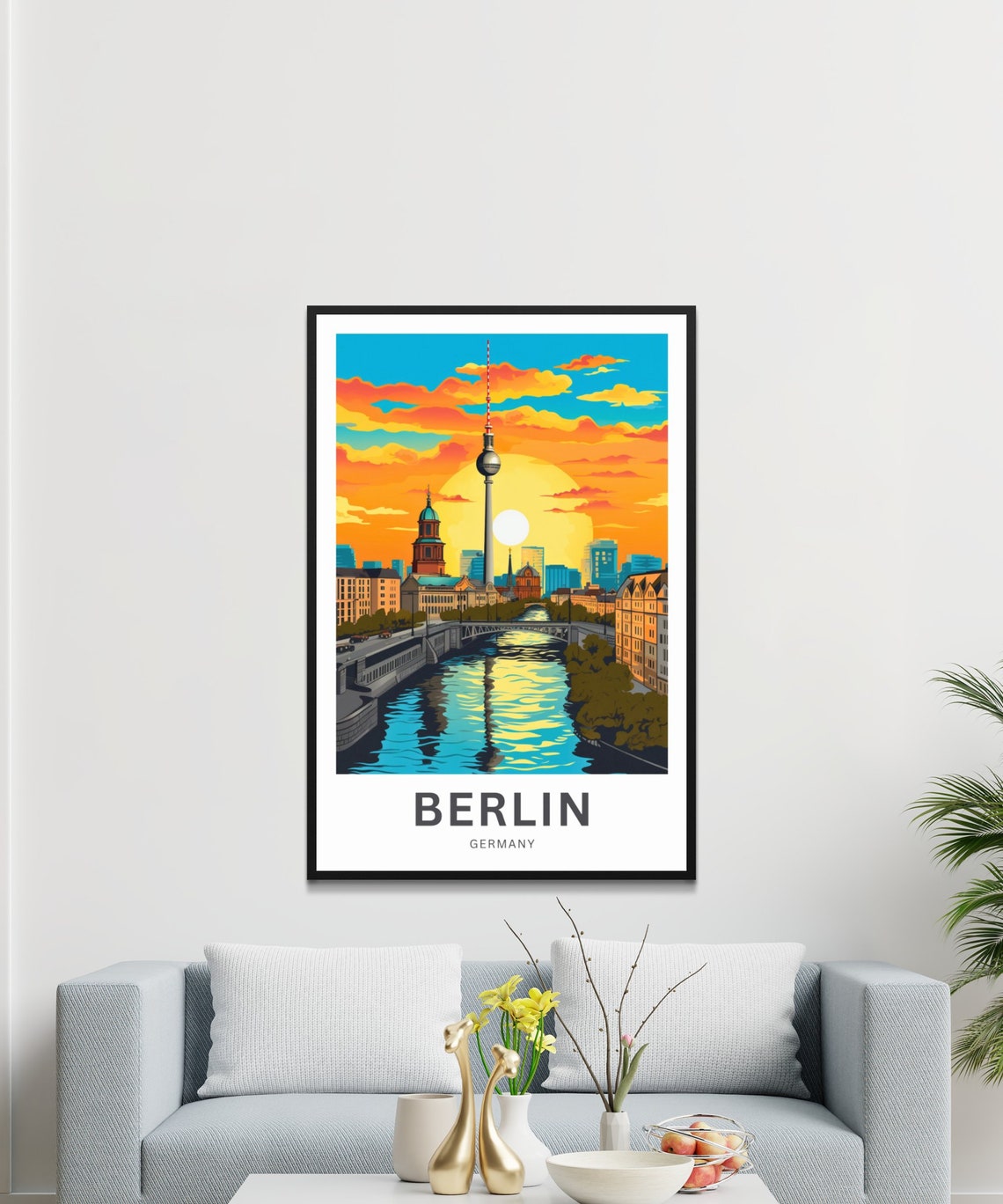 Berlin Germany TV Tower Sunset Skyline Over River Travel Poster - Image 3