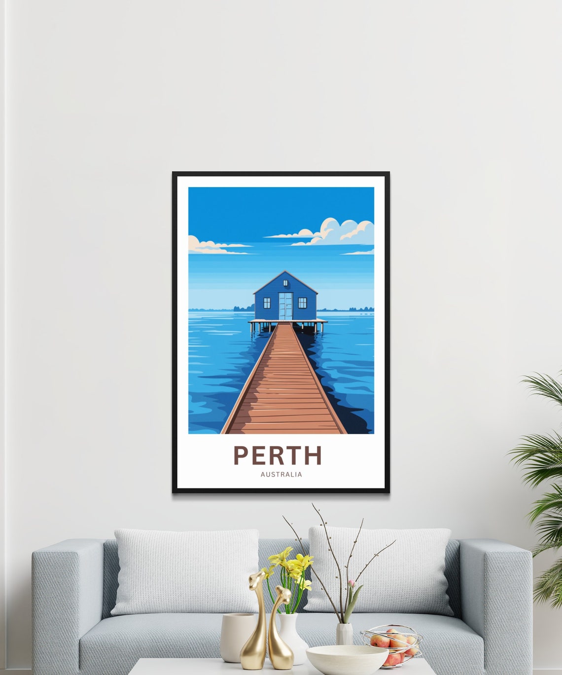 Perth Australia Blue Boathouse Jetty River Water Travel Poster - Image 3