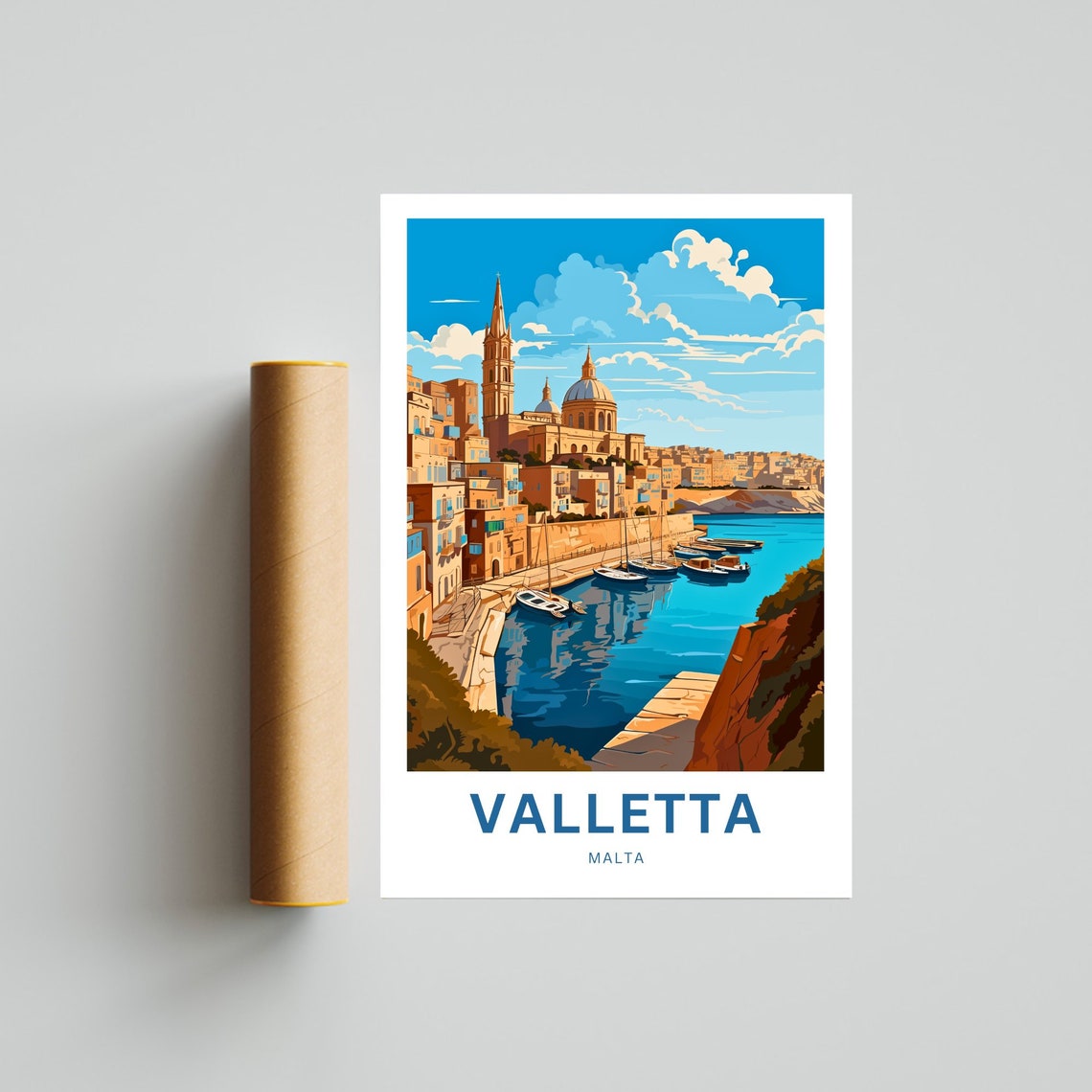Valletta Malta Harbor Cathedral Golden Waterfront Scene Art Poster - Image 4