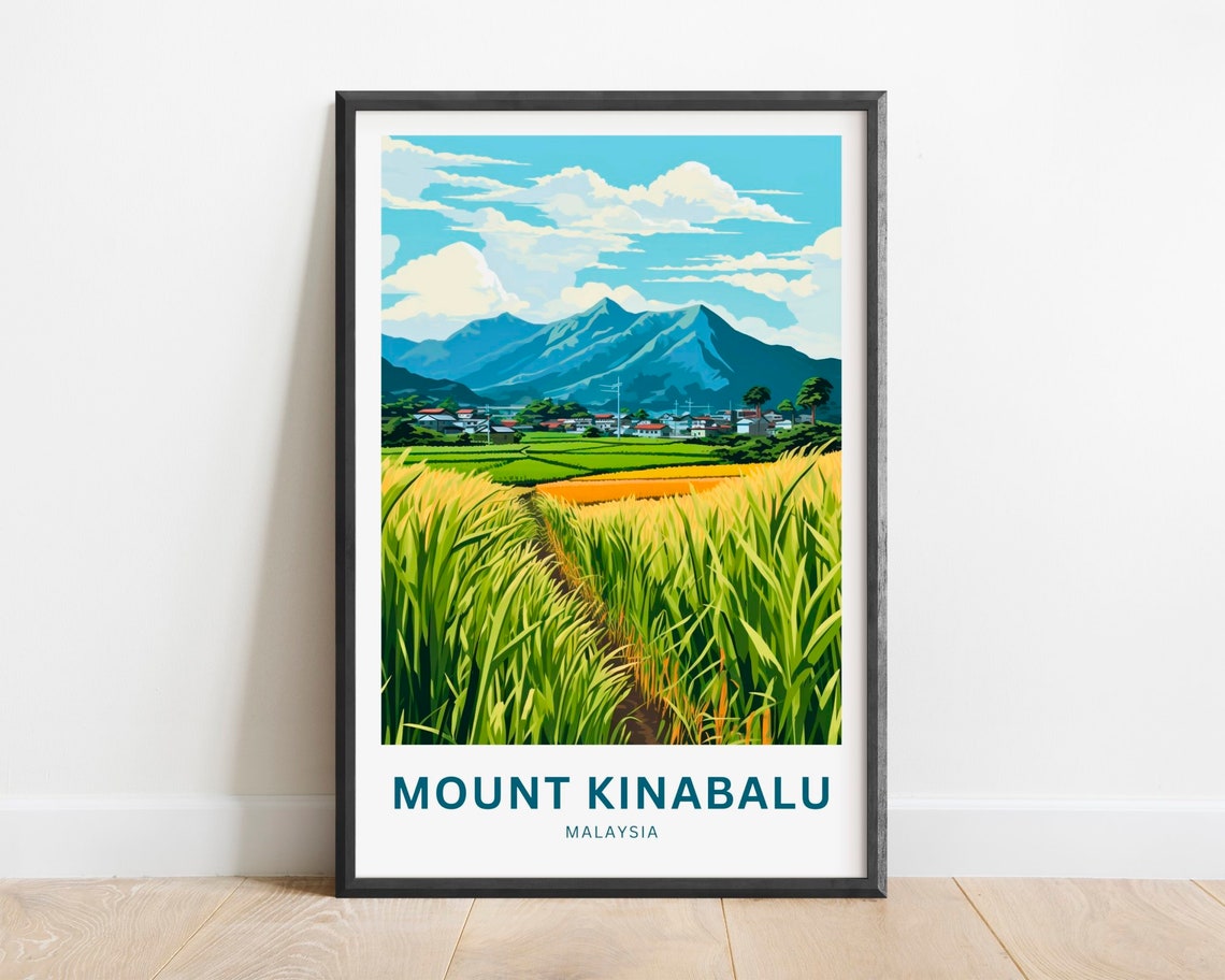 Mount Kinabalu Malaysia Blue Peaks Rice Fields Travel Poster