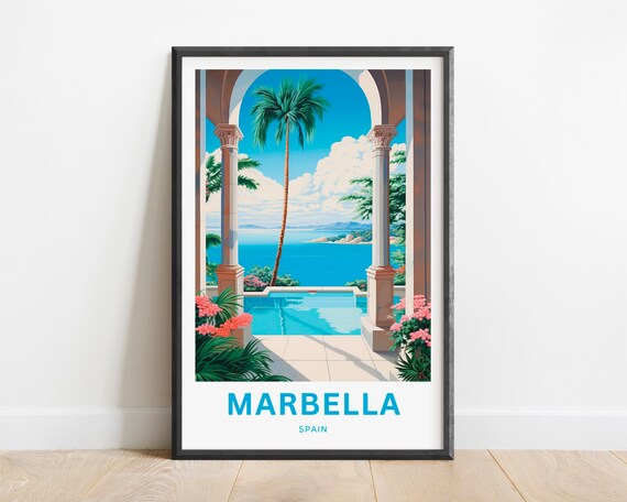 Marbella Spain Travel Poster Blue Pool Terrace Coastline View