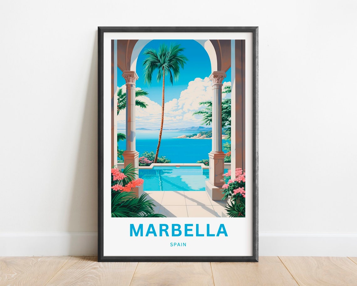 Marbella Spain Travel Poster Blue Pool Terrace Coastline View