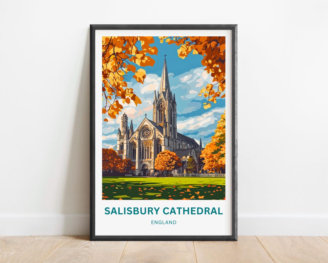 Salisbury Cathedral England Golden Autumn Foliage Art Poster