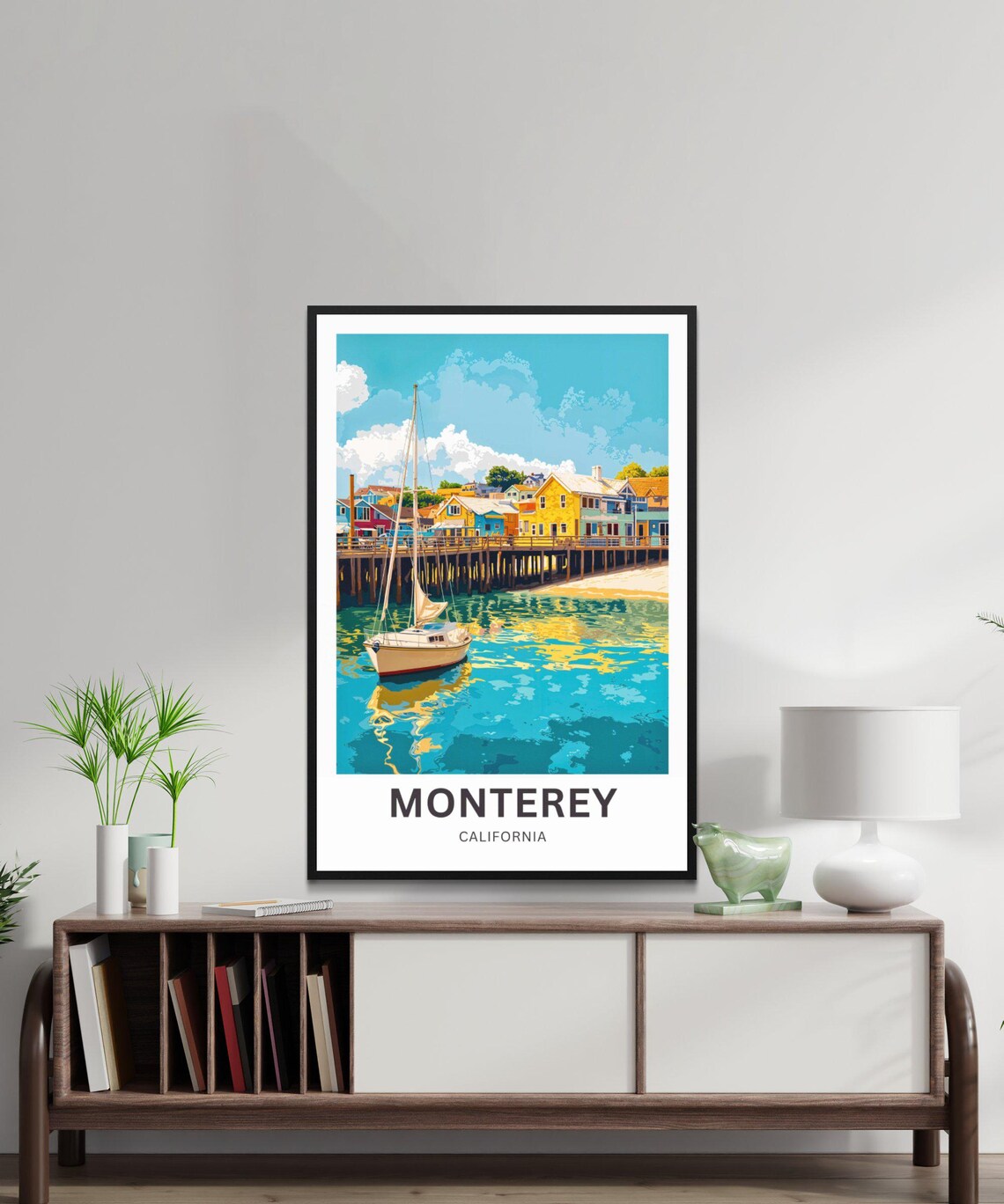 Monterey California Harbor Sailboat Colorful Pier Buildings Poster - Image 3