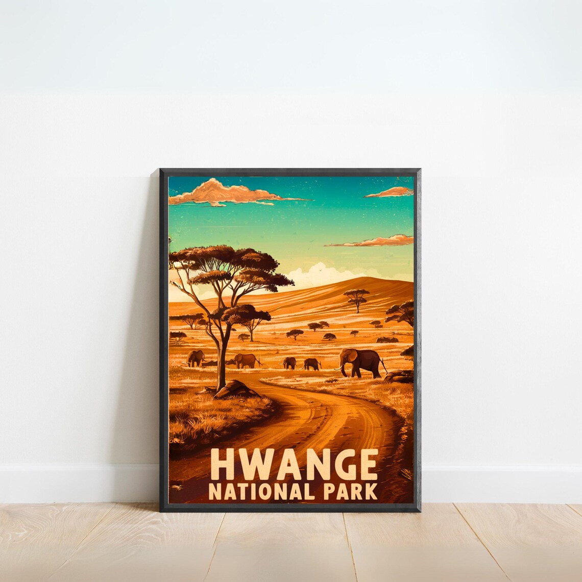 Hwange National Park Elephant Herd Savanna Safari Vintage Poster