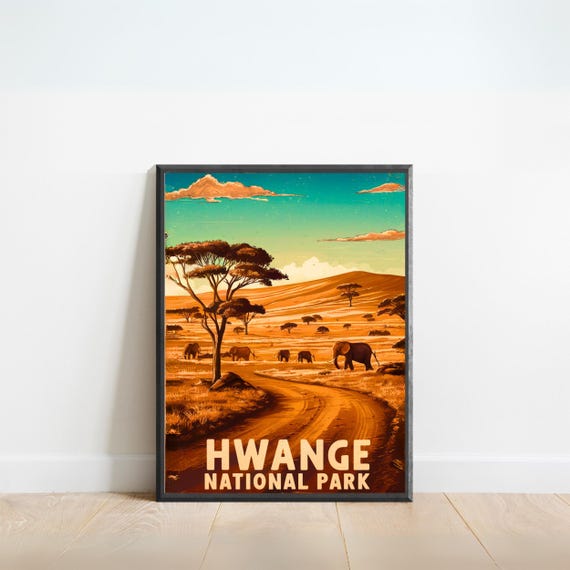 Hwange Vintage Travel Poster Hwange Print Zimbabwe Wall Art Framed Gift Zimbabwe Africa Present