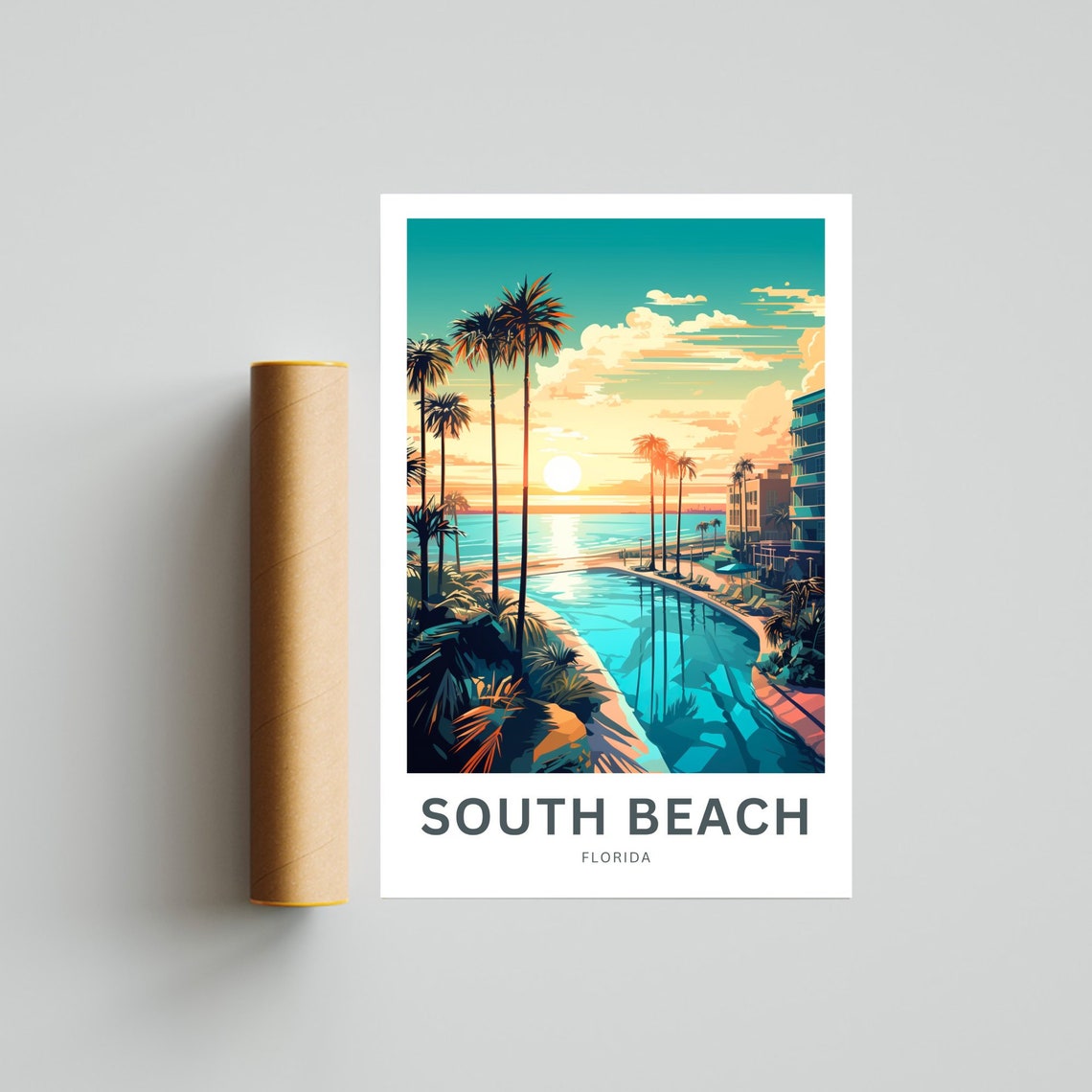 South Beach Florida Sunset Palm Trees Shoreline Resort Travel Poster - Image 4