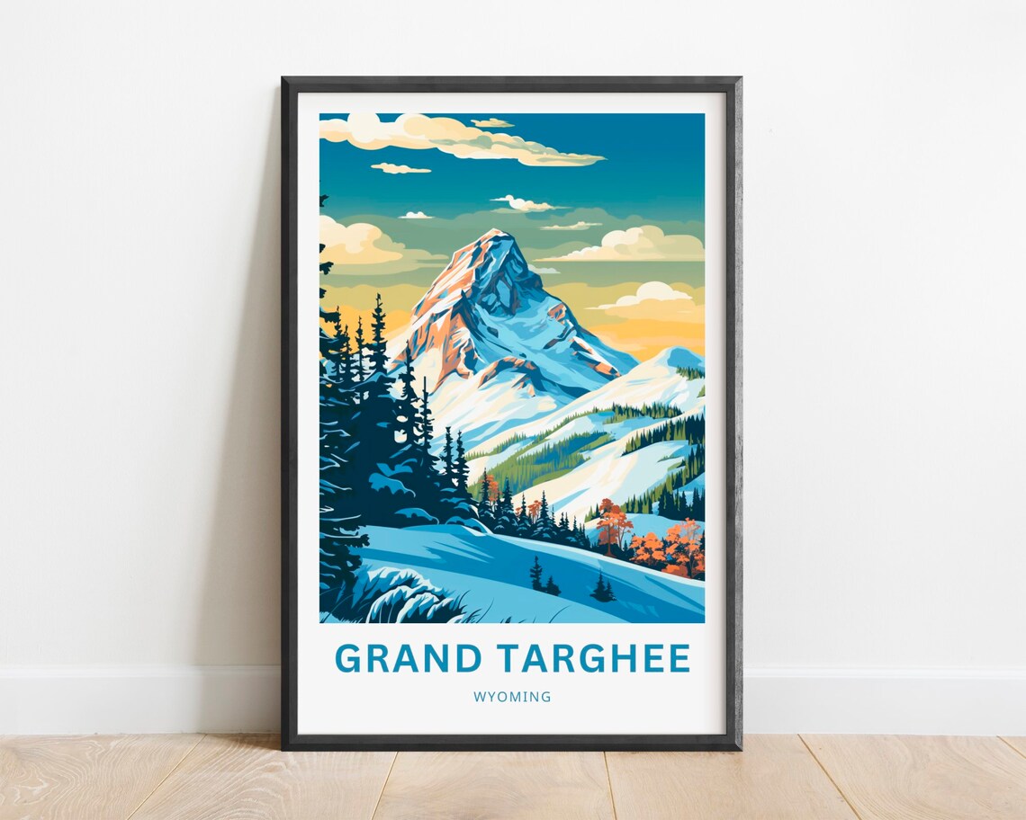 Grand Targhee Wyoming Travel Poster with Snowy Ski Slopes and Peaks