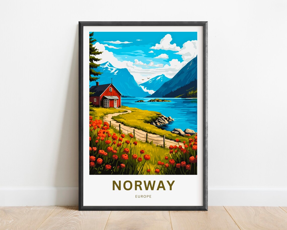 Norway Europe Travel Poster Lakeside Cabin Red Poppies Mountain View