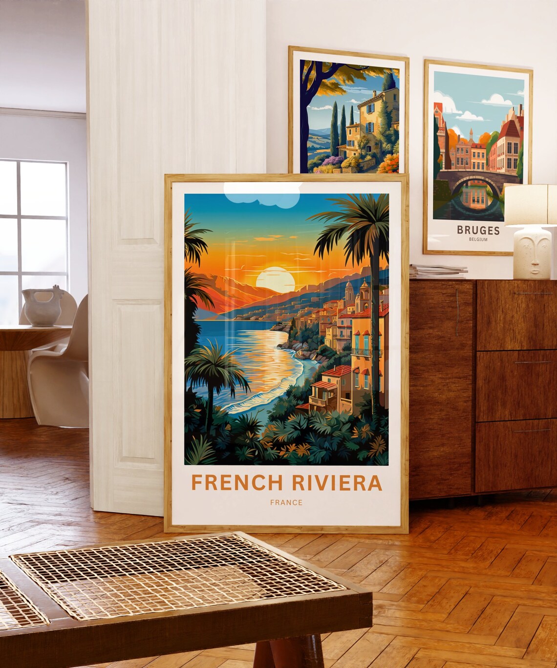 French Riviera France Sunset Over a Seaside Town Travel Poster - Image 5