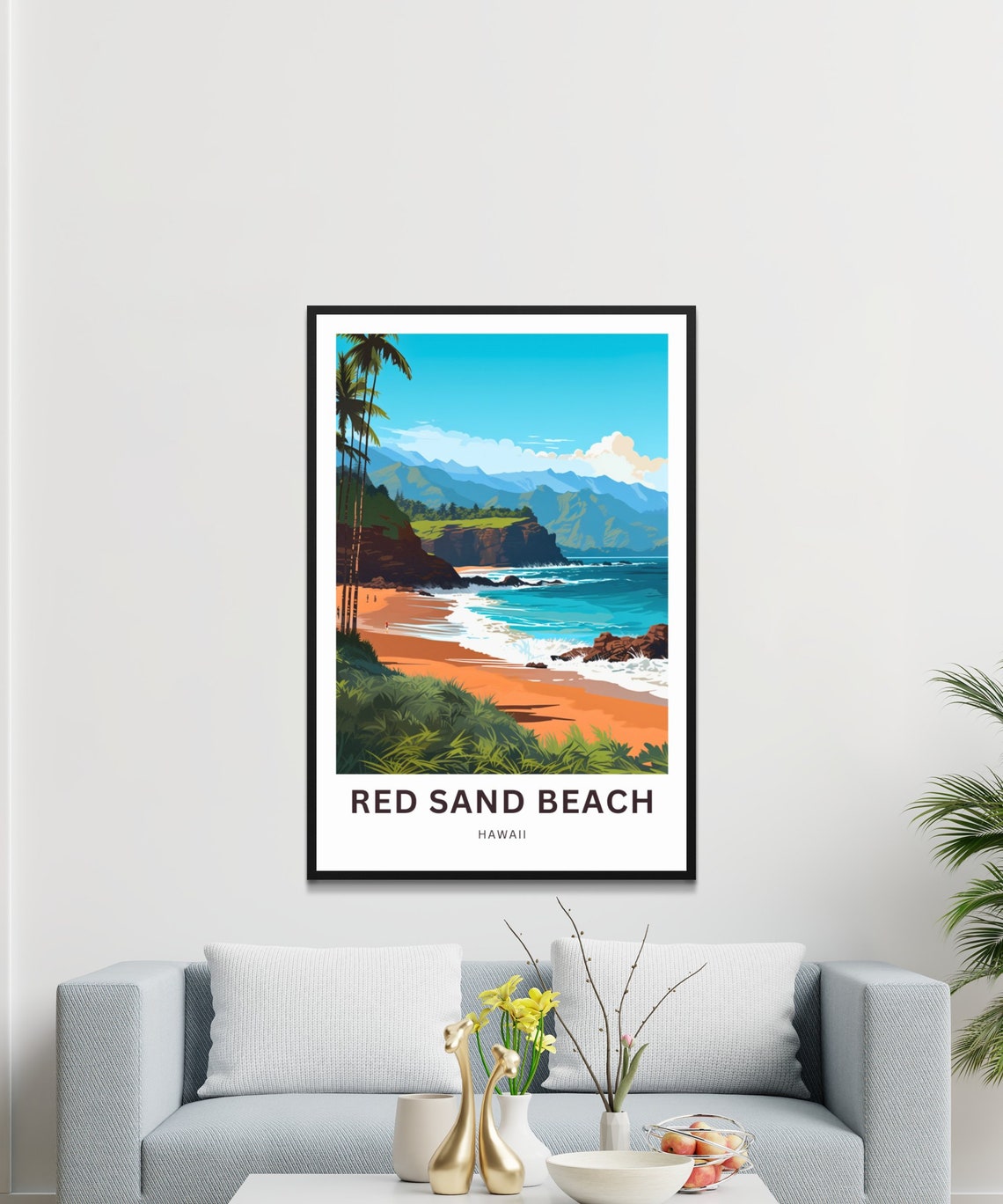 Red Sand Beach Hawaii Sunset Cliffs Palm Beach Scene Travel Poster - Image 3