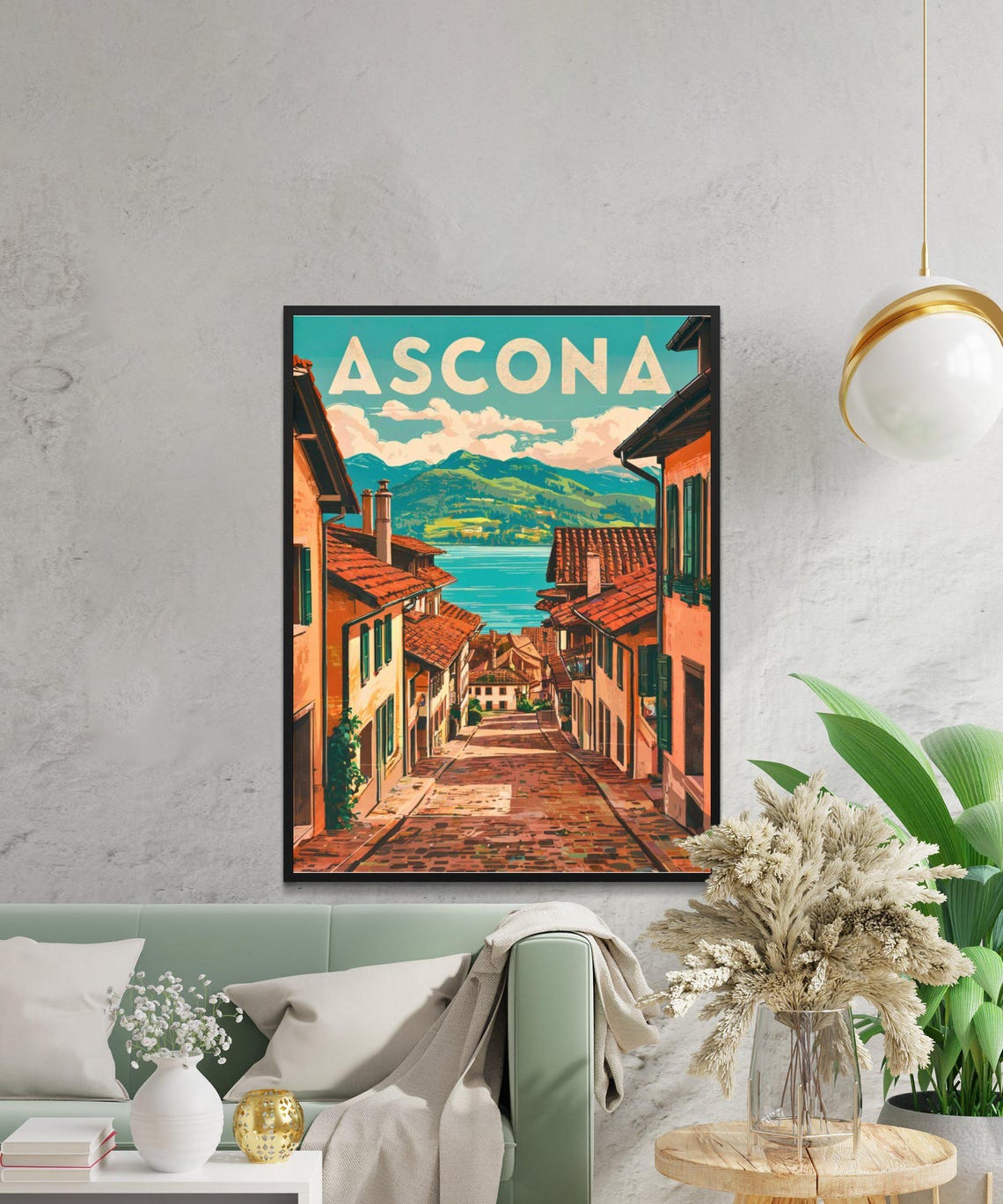 Ascona Bold Lettering Cobblestone Lane Lake Mountains Travel Poster - Image 4