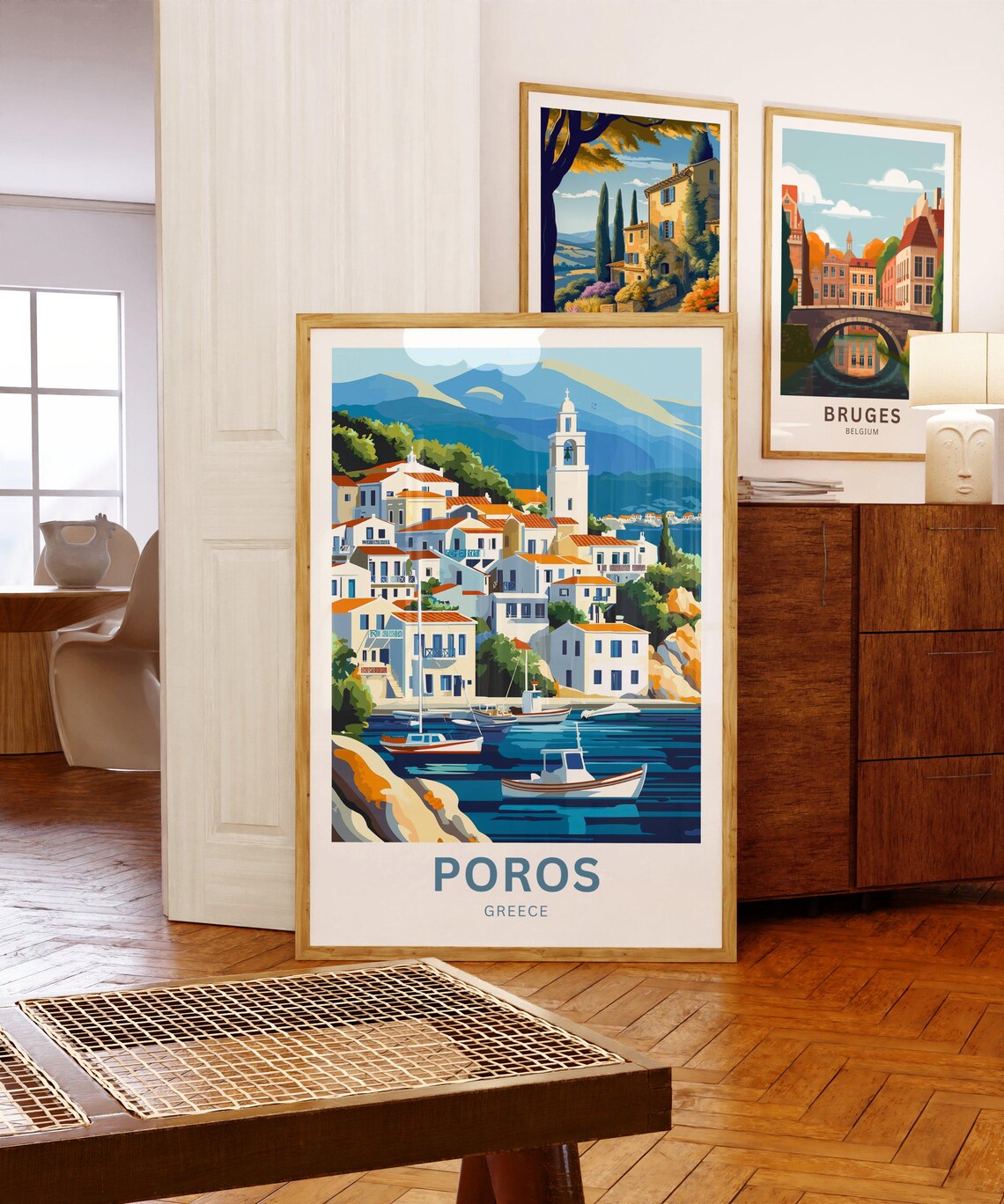 Poros Greece Sunny Whitewashed Hillside Harbor Boats Travel Poster - Image 3