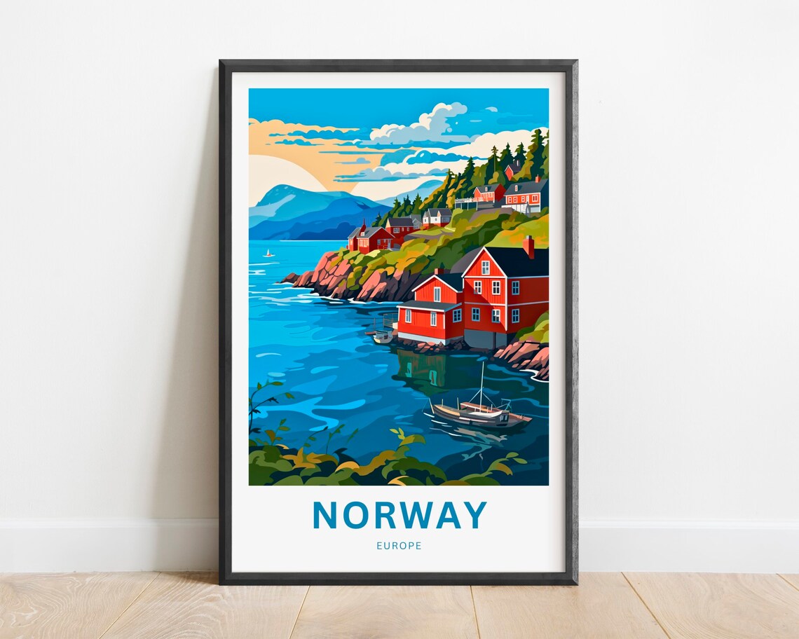 Norway Europe Travel Poster Coastal Fishing Village Fjord Sunset Scene