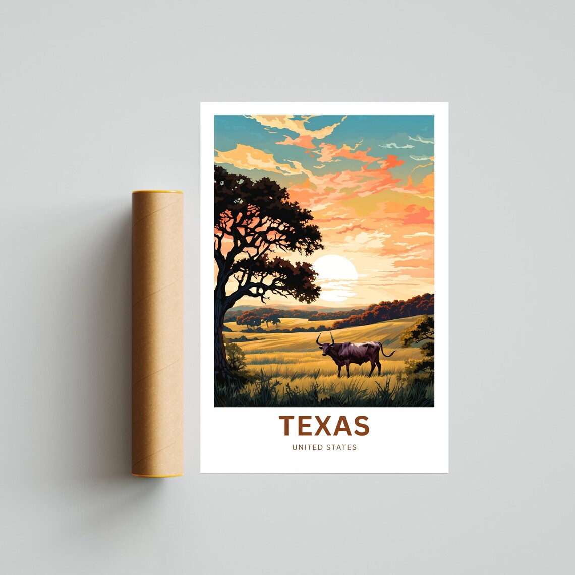 Texas Longhorn Golden Field Sunset Vintage Western Travel Poster - Image 4