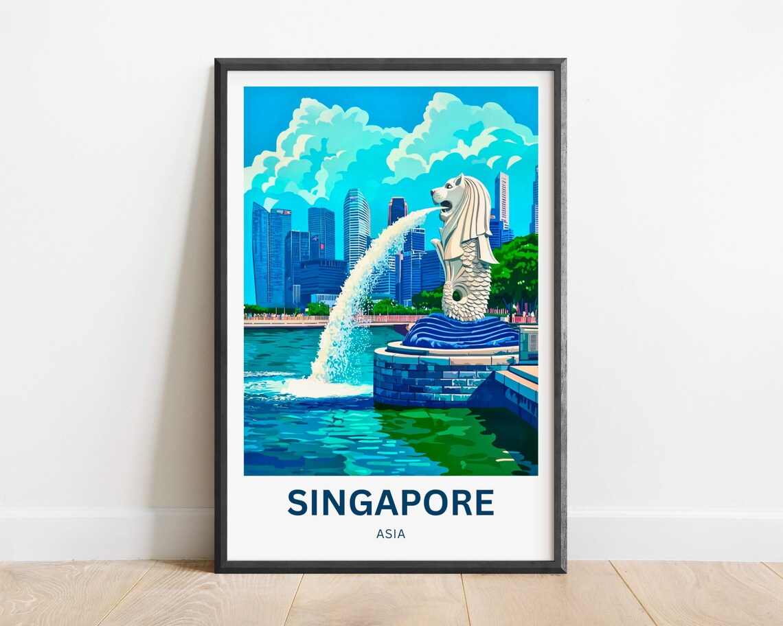 Singapore Merlion Statue Marina Bay Skyline Vintage Travel Art Poster