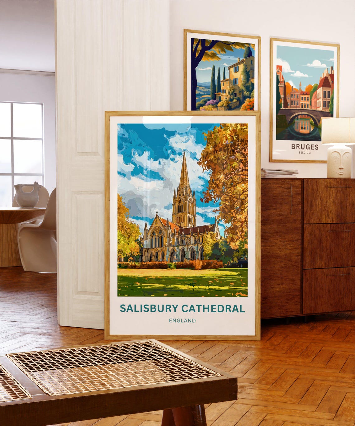 Salisbury Cathedral England Autumn Trees Colorful Art Poster - Image 5
