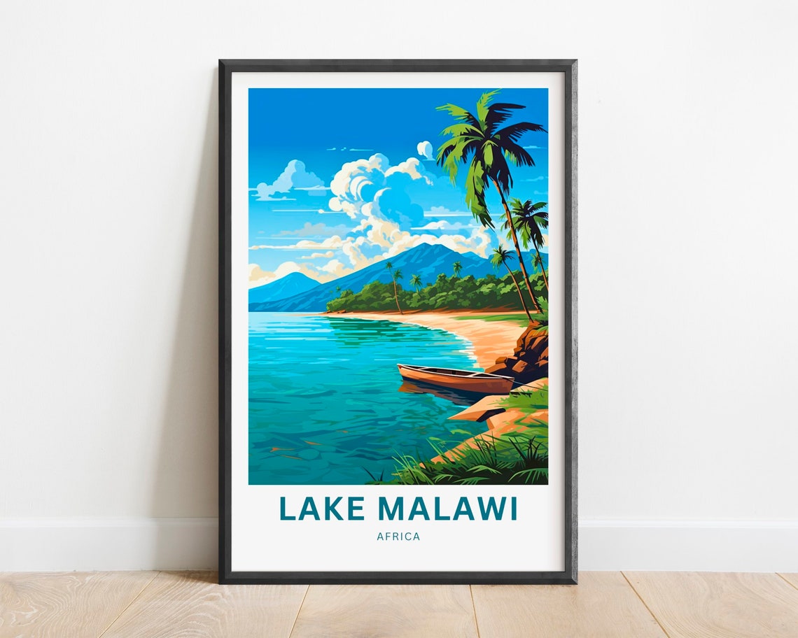 Lake Malawi Africa Poster with Canoe Palm Trees and Mountain View