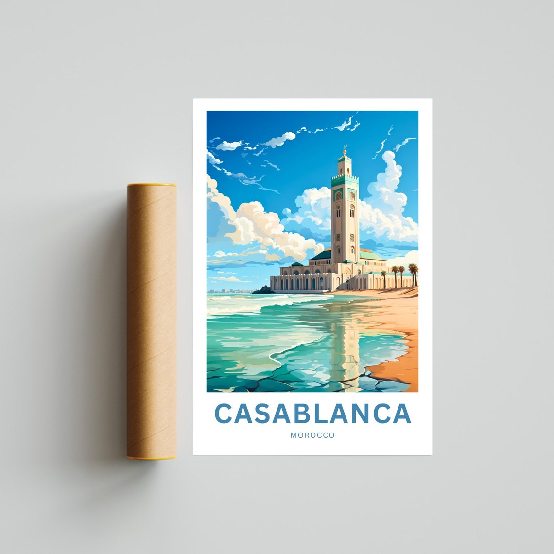 Personalized Casablanca Mosque Ocean Reflection Beach Travel Poster - Image 4