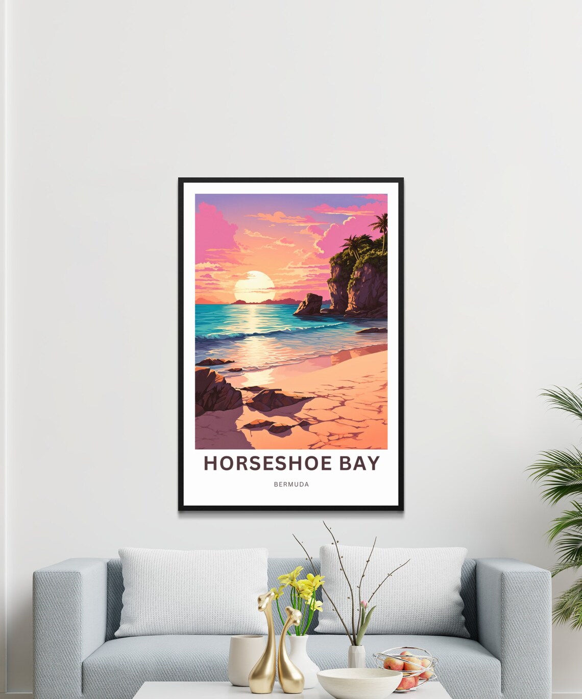 Horseshoe Bay Bermuda Sunset Beach Palm Cliffs Custom Travel Poster - Image 3