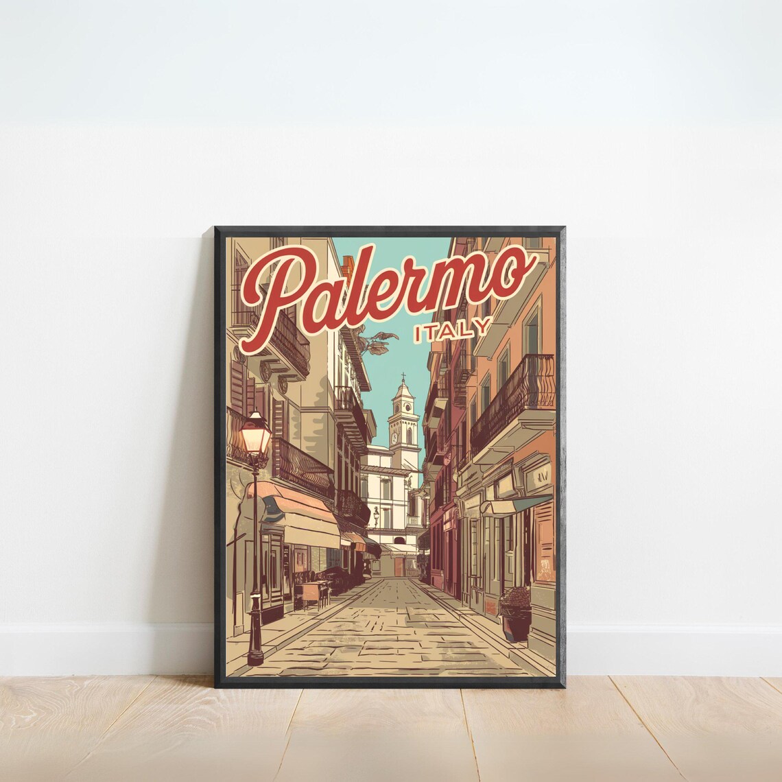 Palermo Italy Cobblestone Old Town Street Retro Travel Scene Poster