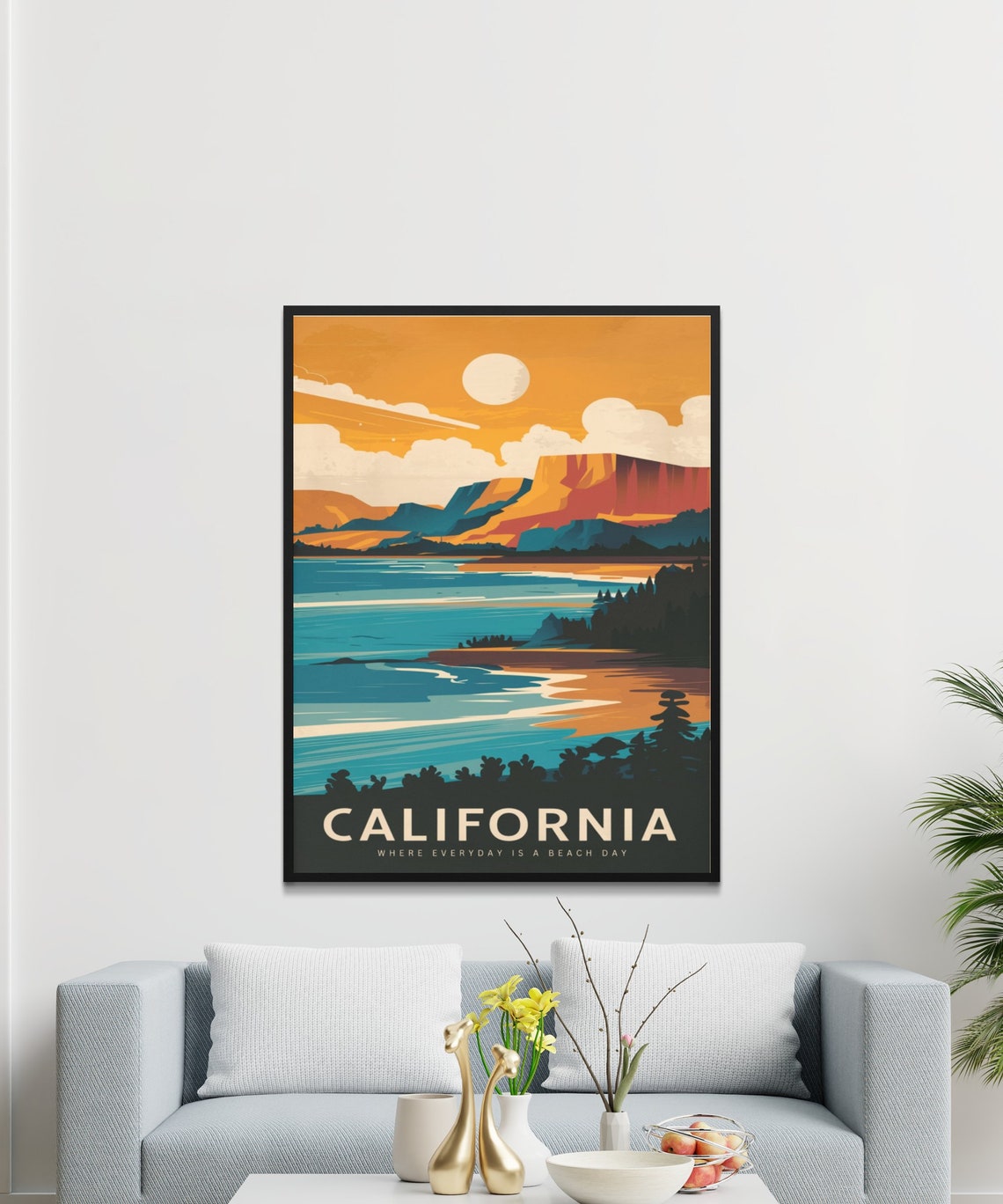 California Beach Day Coastal Sunset Cliffs Vintage Travel Poster