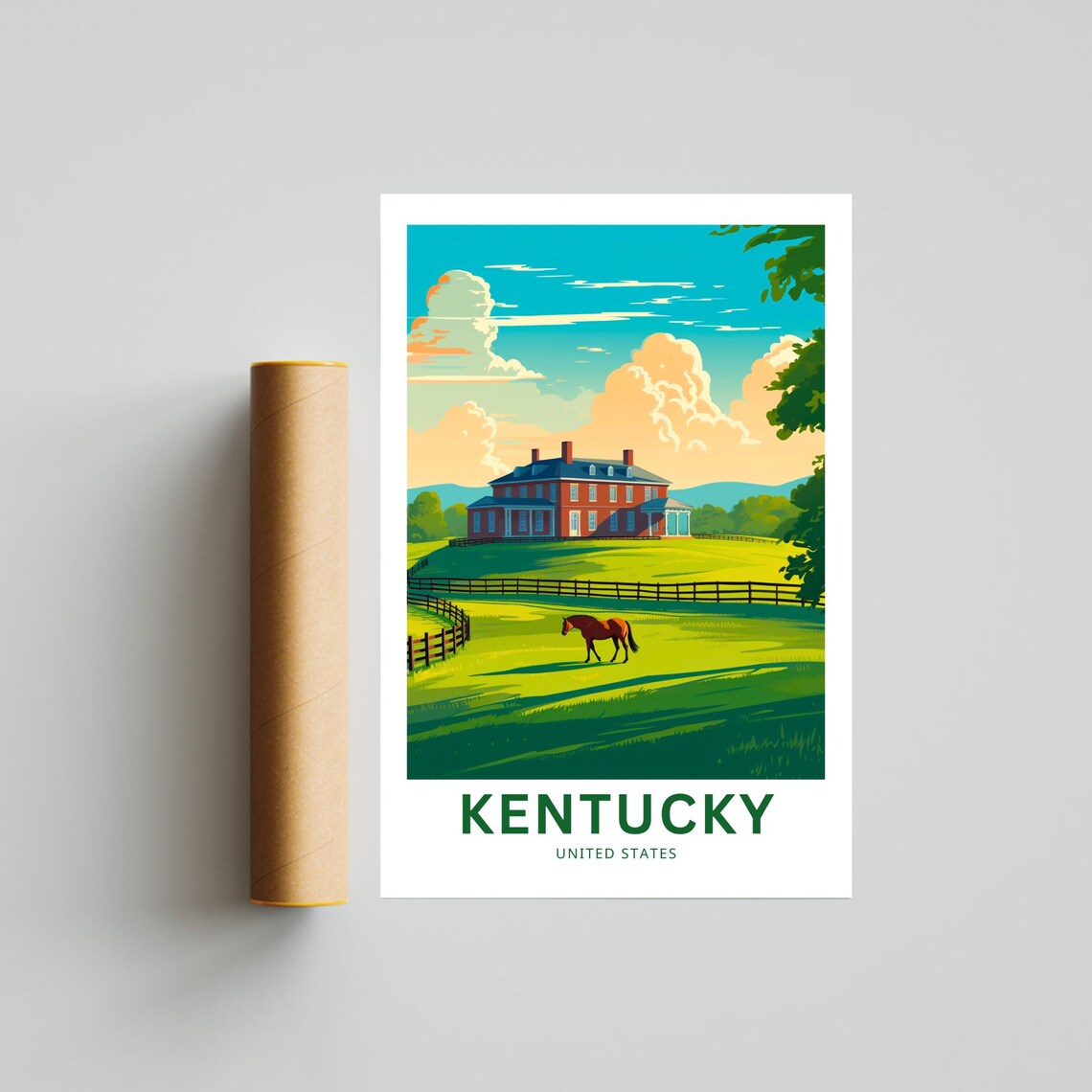 Personalized Kentucky Horse Farm Red Brick Manor Pasture Travel Poster - Image 4
