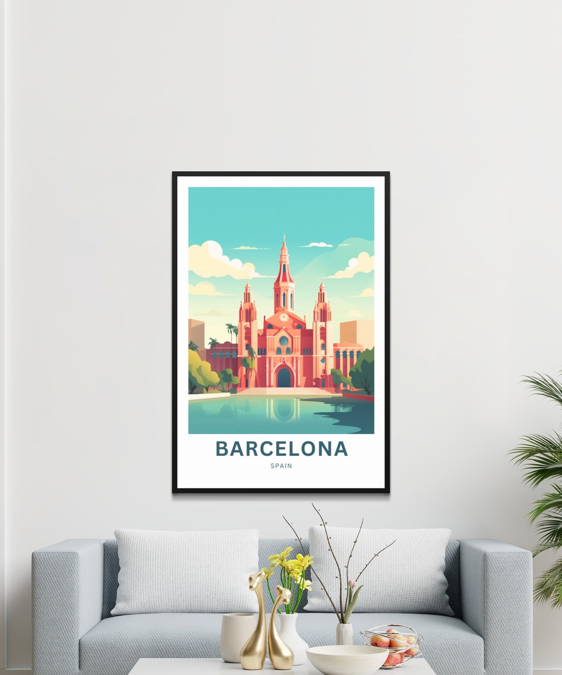 Barcelona Spain Historic Church Waterfront Reflection Travel Poster - Image 3