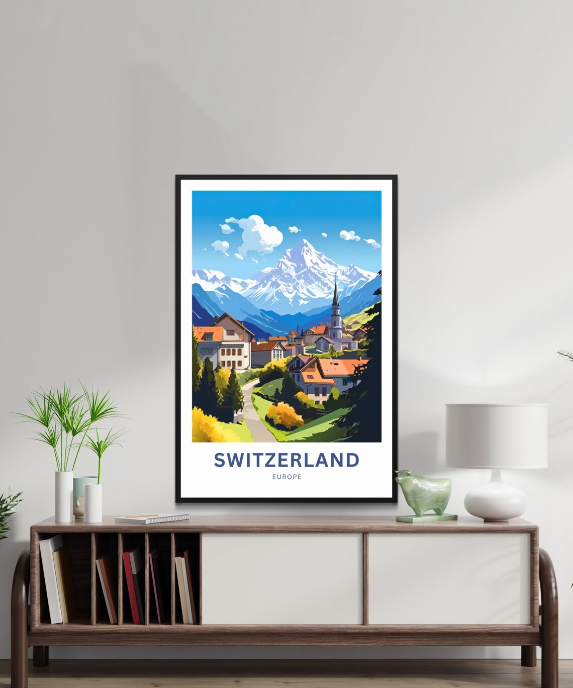 Switzerland Europe Alpine Village Church Snow Peak Travel Poster - Image 3