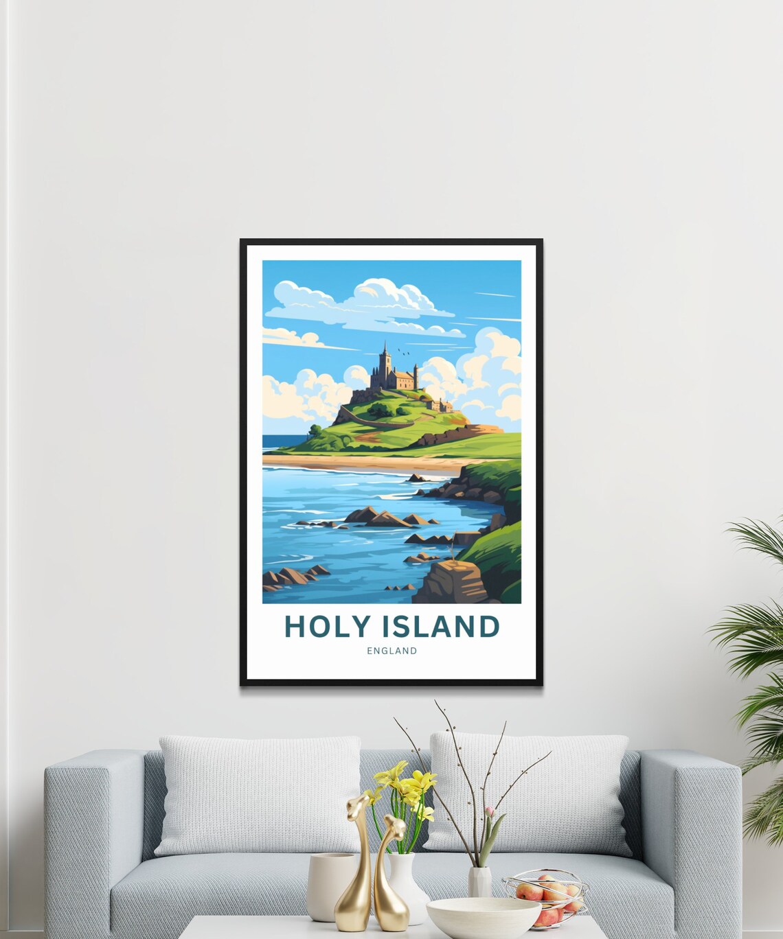 Holy Island England Castle Hill Rocky Shore Blue Sea Art Poster - Image 3
