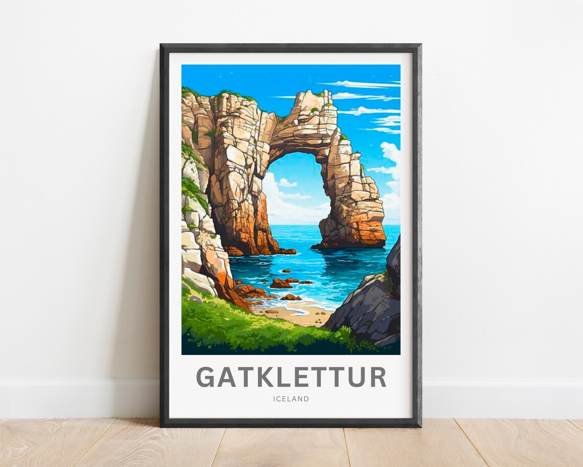Gatklettur Iceland Sea Arch Rock Formation Coast Travel Poster
