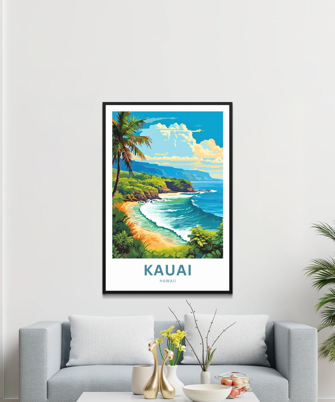 Kauai Hawaii Tropical Beach Cove Palm Trees Ocean Surf Poster - Image 3
