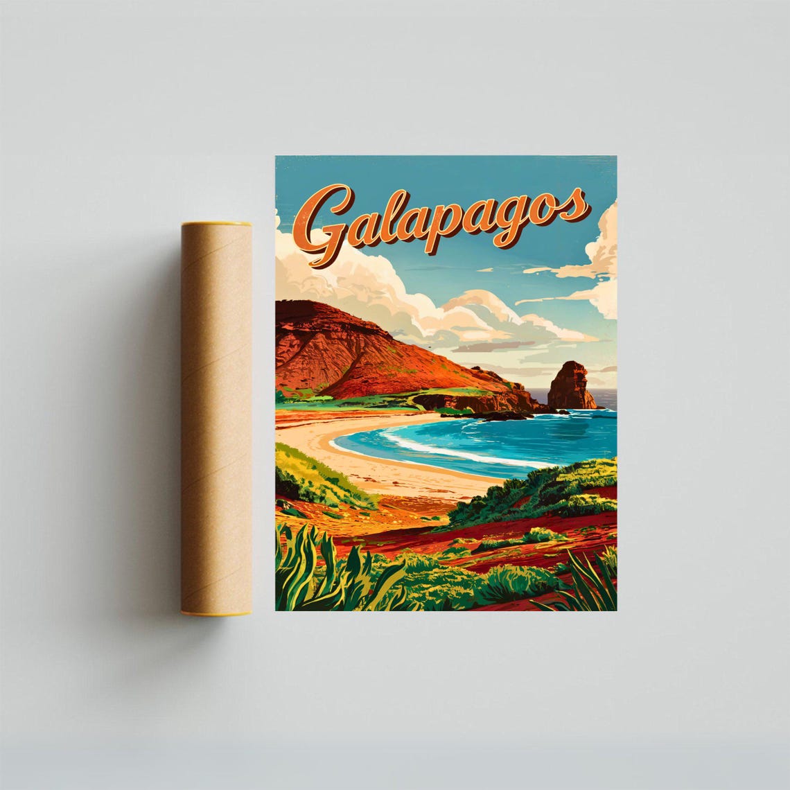 Galapagos Islands Vintage Beach Cove Volcanic Hills Travel Poster - Image 3