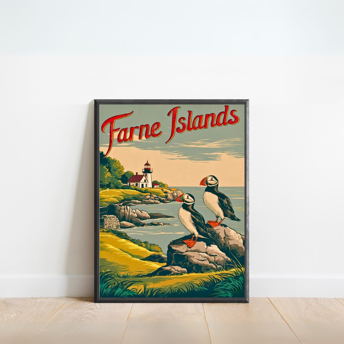 Farne Islands Vintage Puffin Lighthouse Coastal Retro Travel Poster