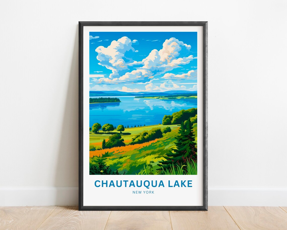Chautauqua Lake New York Rolling Green Hills Lakeside Scene Poster