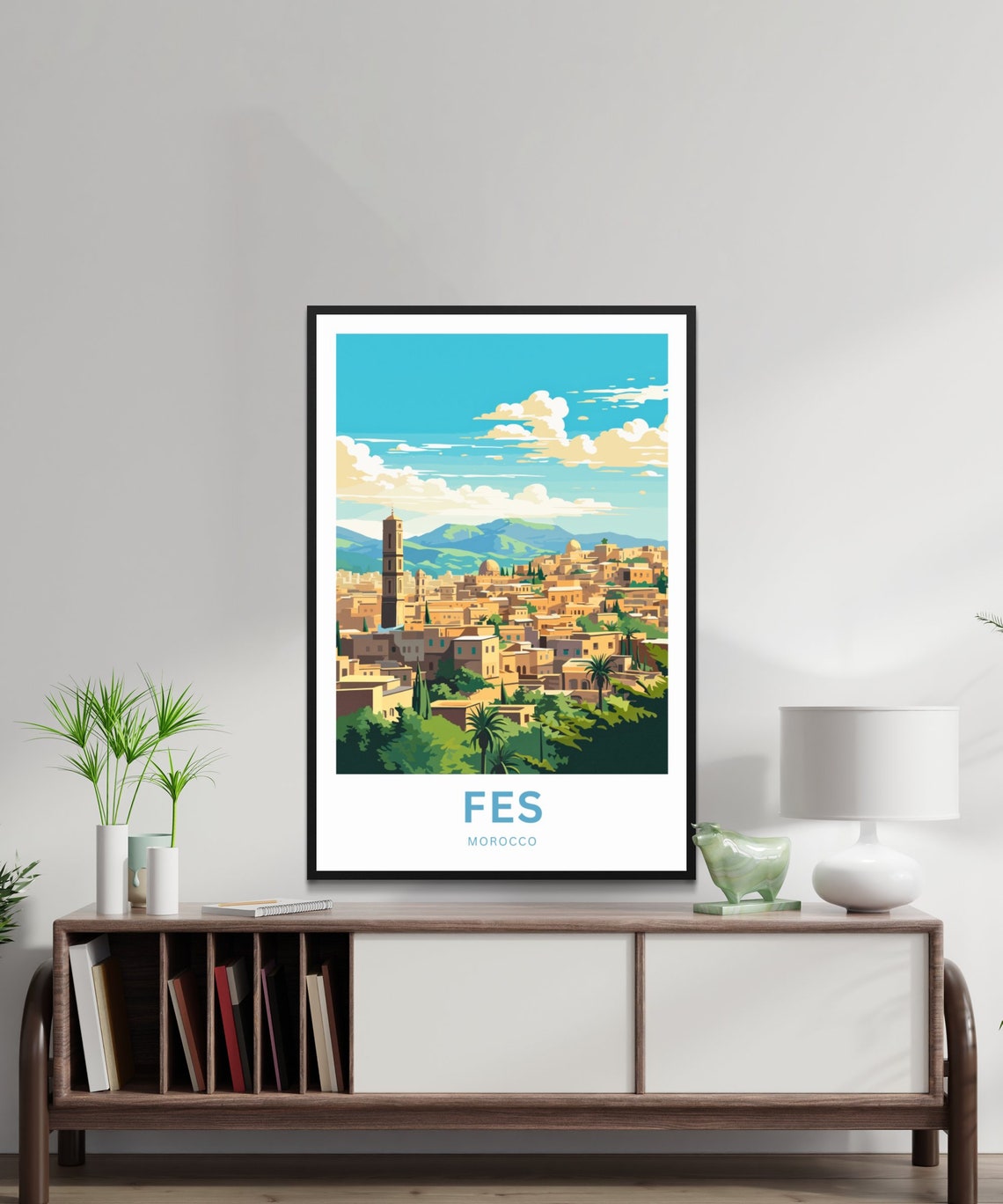 Fes Morocco Old Medina Minaret Palm Trees Mountain Skyline Poster - Image 2