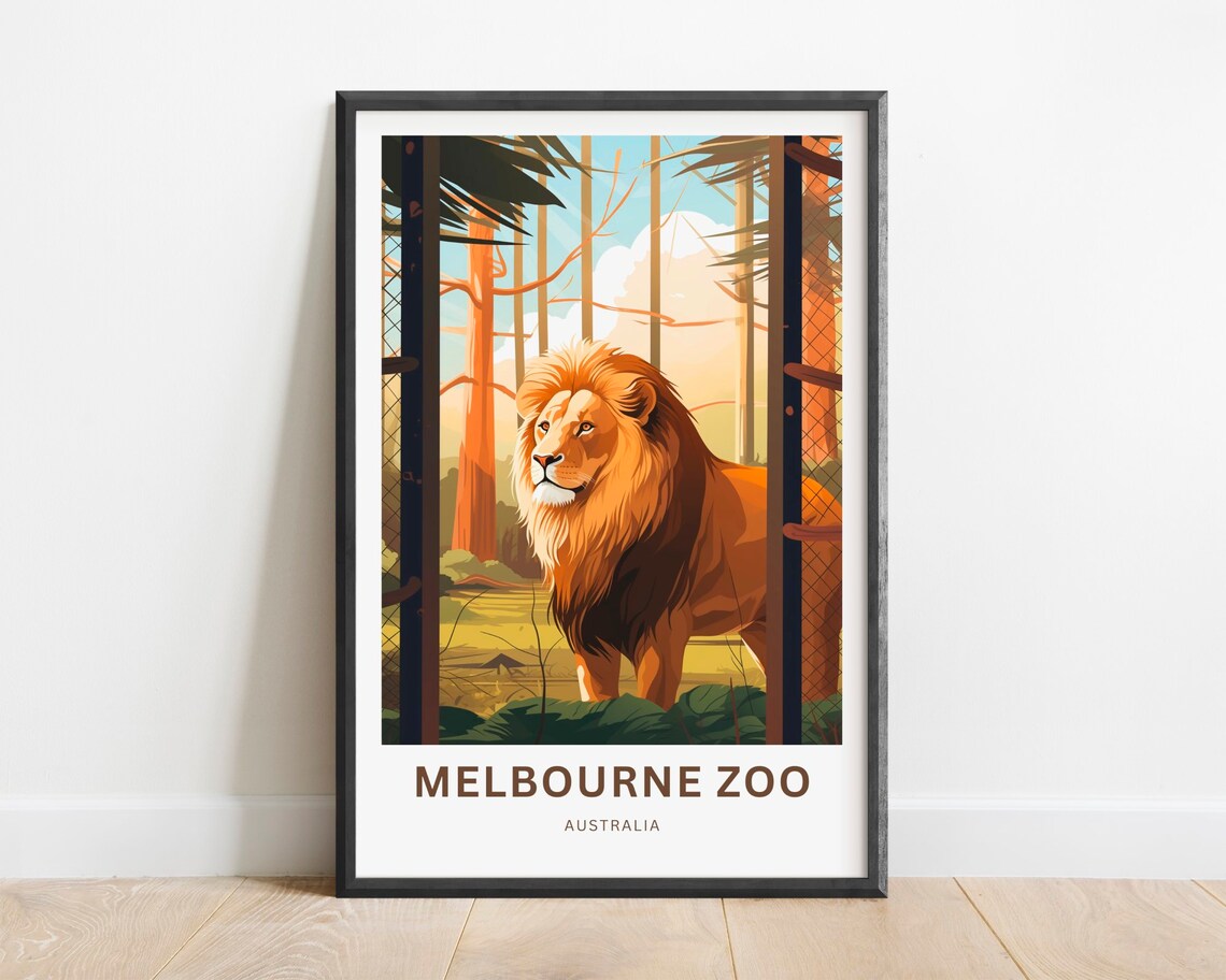 Melbourne Zoo Australia Majestic Lion Illustrated Animal Art Poster