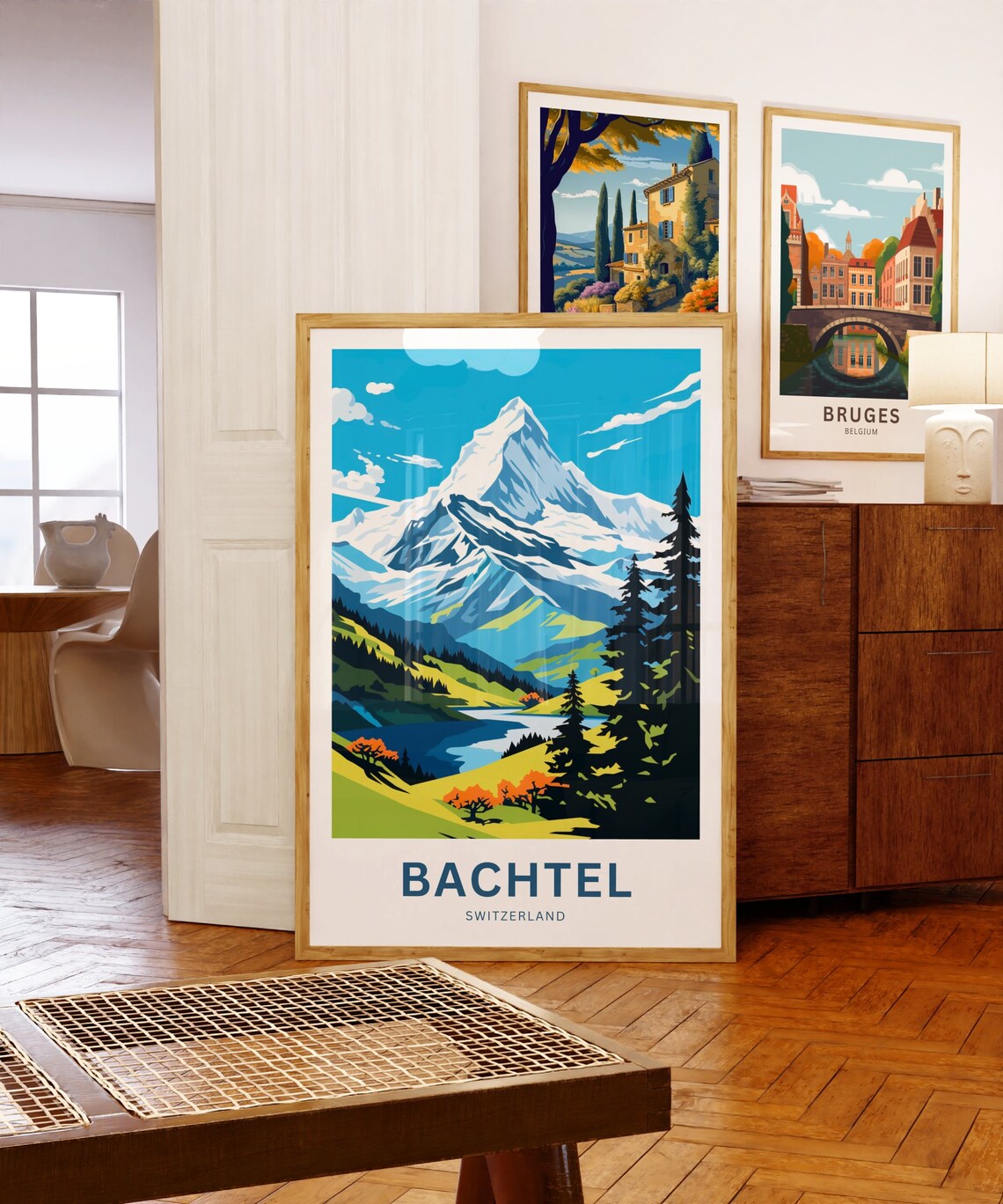 Bachtel Switzerland Snowy Summit Alpine Lake Scene Travel Poster - Image 5