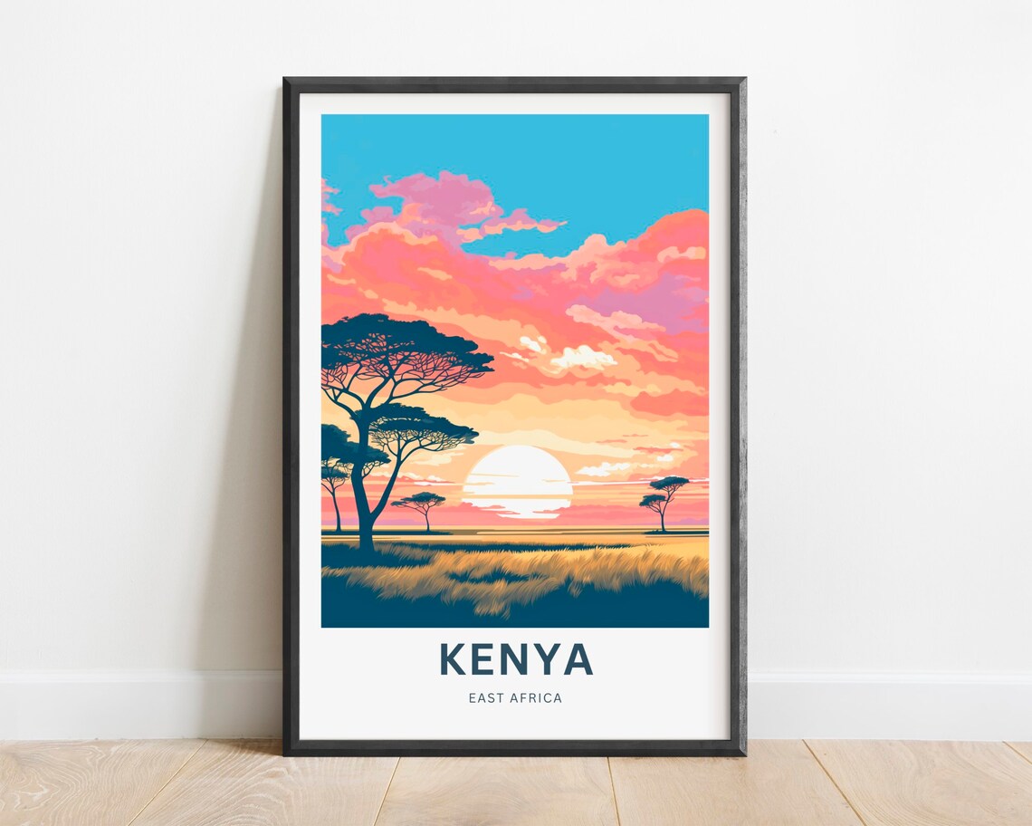 Kenya East Africa Golden Plains Acacia Sunset Vintage Travel Poster