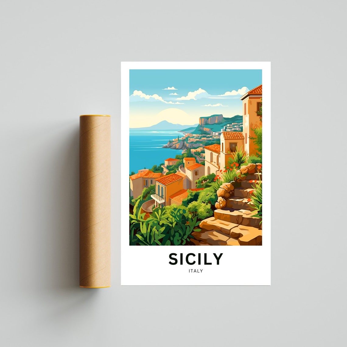 Sicily Italy Custom Text Terracotta Coast Town Seaview Travel Poster - Image 4