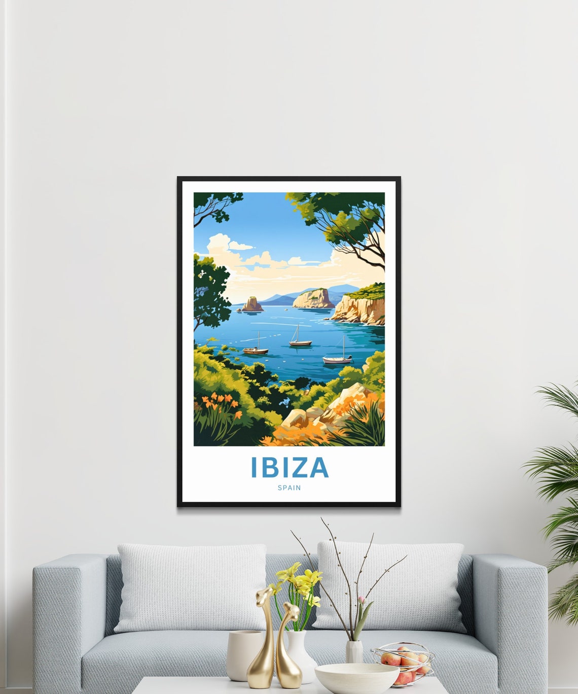 Ibiza Spain Sea Cliffs Sailboats Cove View Personalized Travel Poster - Image 3