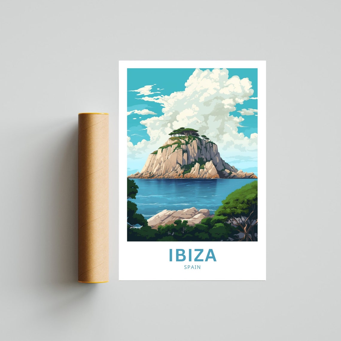 Ibiza Spain Rocky Island with Pine Trees in Blue Mediterranean Poster - Image 4