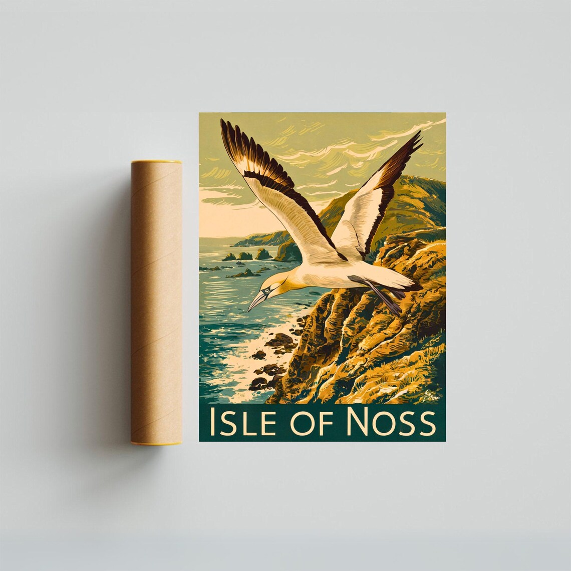 Isle of Noss Scotland Vintage Flying Gannet Over Coastal Cliffs Poster - Image 3